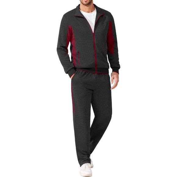 Men's Tracksuits 2 Piece Athletic Track Suit Jogging Running Sweatsuit Grey Red - Picture 1 of 6